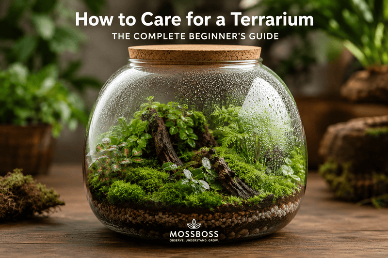 Healthy closed terrarium with moss, plants, natural wood and balanced condensation
