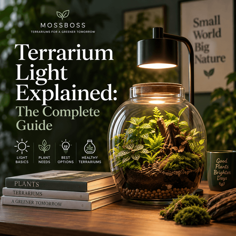 Terrarium with moss and tropical plants illuminated by a grow light, illustrating how light supports healthy terrarium growth