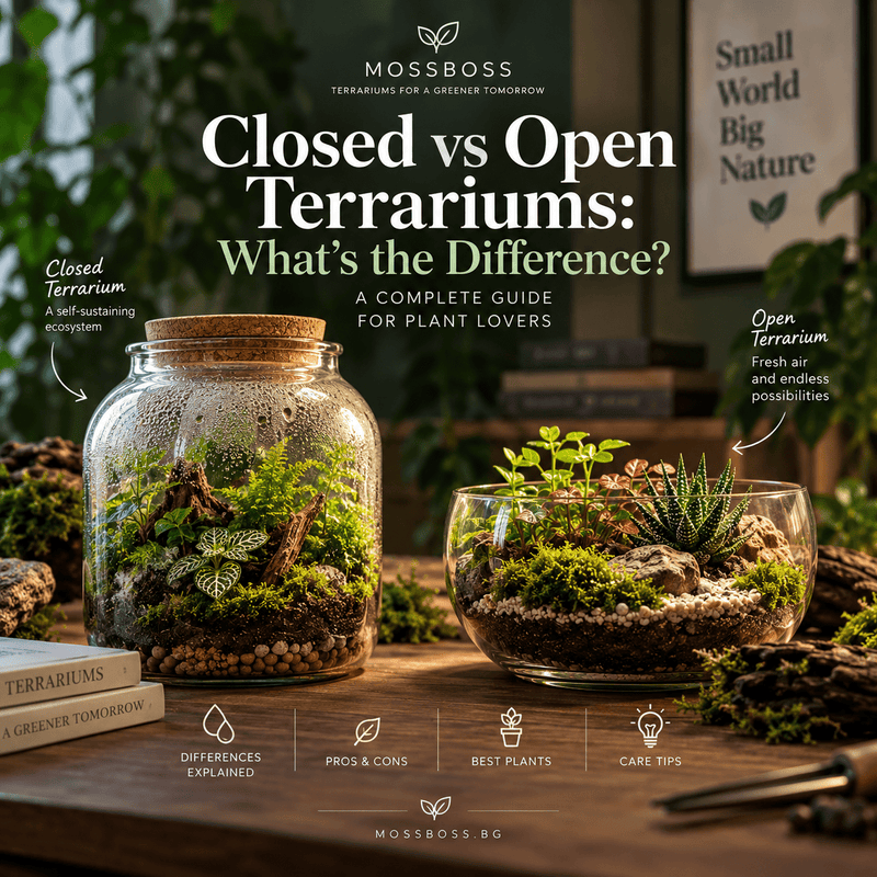 Comparison of a closed terrarium with moss and tropical plants and an open terrarium with succulents, stones and dry materials