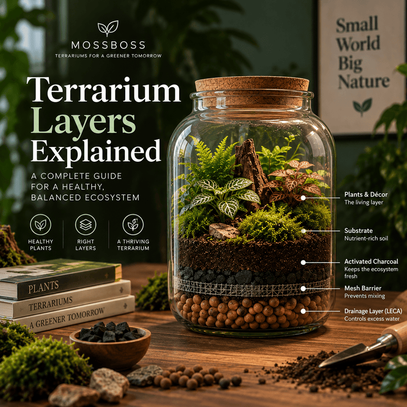 Terrarium showing the main layers from LECA drainage and mesh barrier to activated charcoal, substrate, moss, plants and natural décor