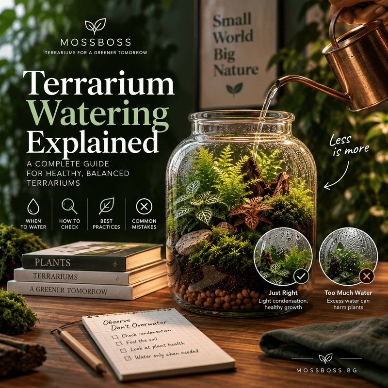 Terrarium being gently watered with a small watering can, showing healthy condensation, balanced moisture and signs of overwatering