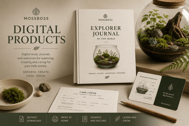 MossBoss digital collection featuring printable guides, journals and resources for terrariums and small living worlds