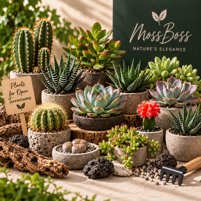 Растения за отворени терариуми, включително сукуленти, Haworthia, Sansevieria и други растения за по-светли и проветриви композиции