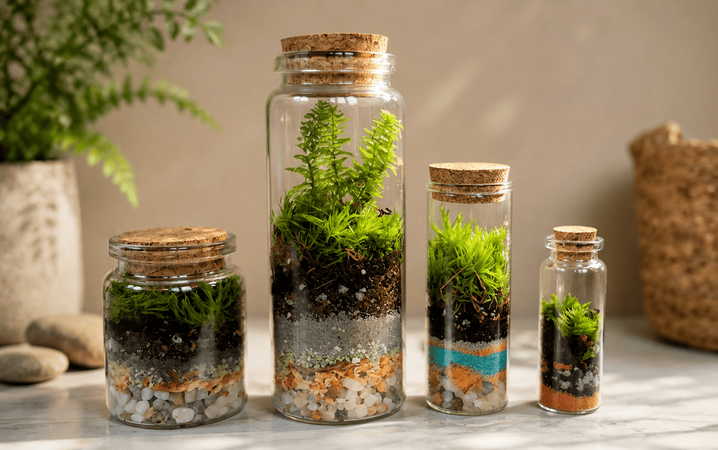 Four clear glass terrarium jars of different sizes with cork stoppers, arranged on a light surface. Each jar contains layered soil, pebbles, sand, and green moss/plants.