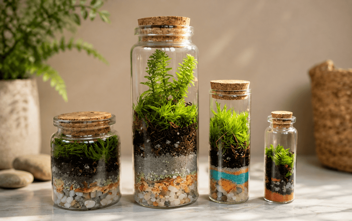 Four clear glass terrarium jars of different sizes with cork stoppers, arranged on a light surface. Each jar contains layered soil, pebbles, sand, and green moss/plants.