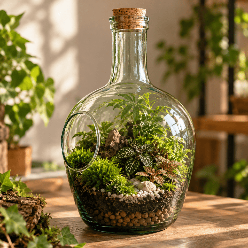 Green Glass Terrarium Vase with Side Opening 30 × Ø20 cm