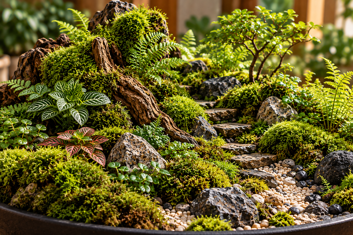 Woodland-inspired miniature landscape with living moss and natural materials.