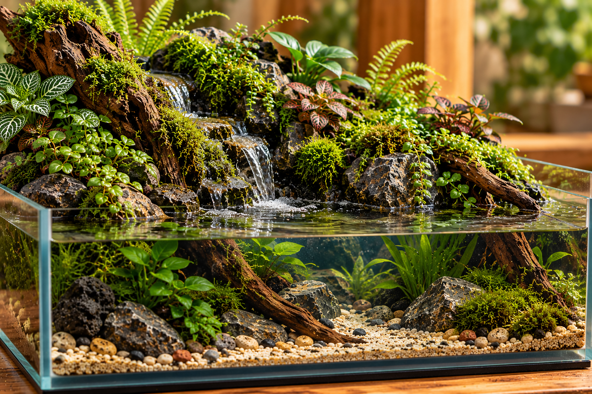 Paludarium landscape showing a transition between land and water.
