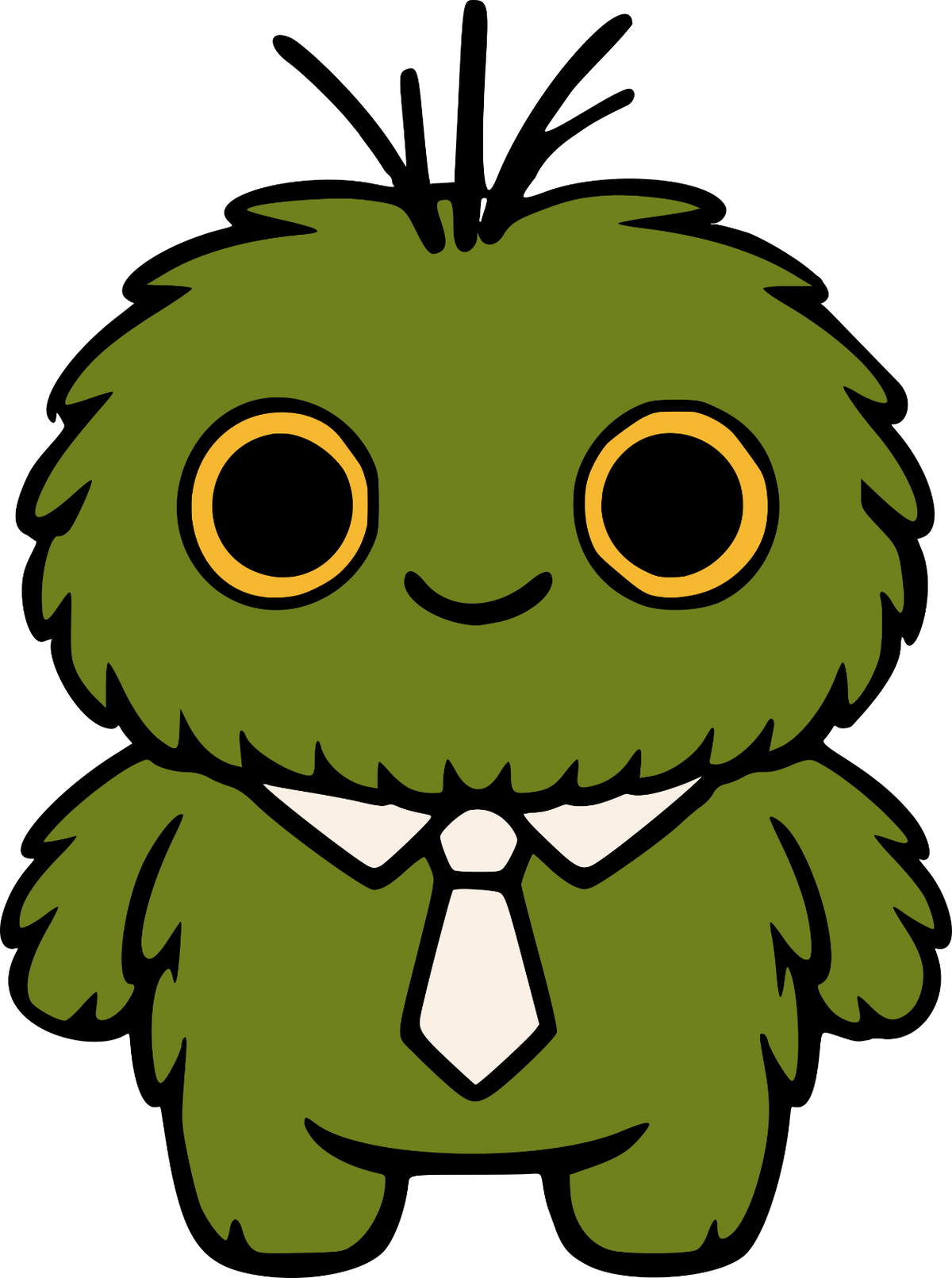 Green cartoon character with large eyes and a tie on a white background