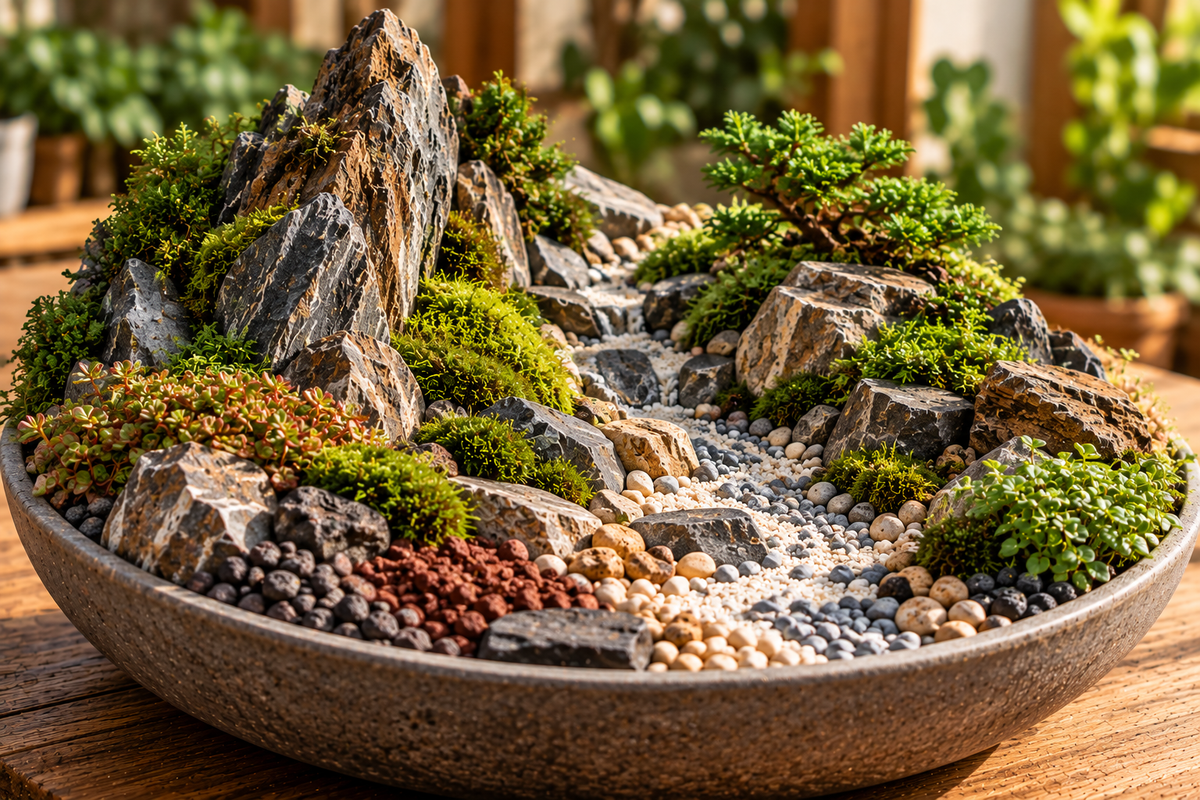 Miniature rocky landscape with layered stones and gravel.