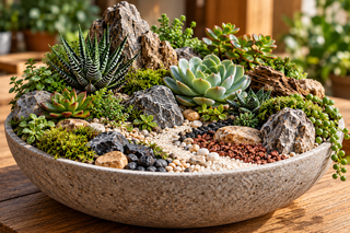 Mini succulent garden with Haworthia, Echeveria, decorative sand, gravel and natural stones