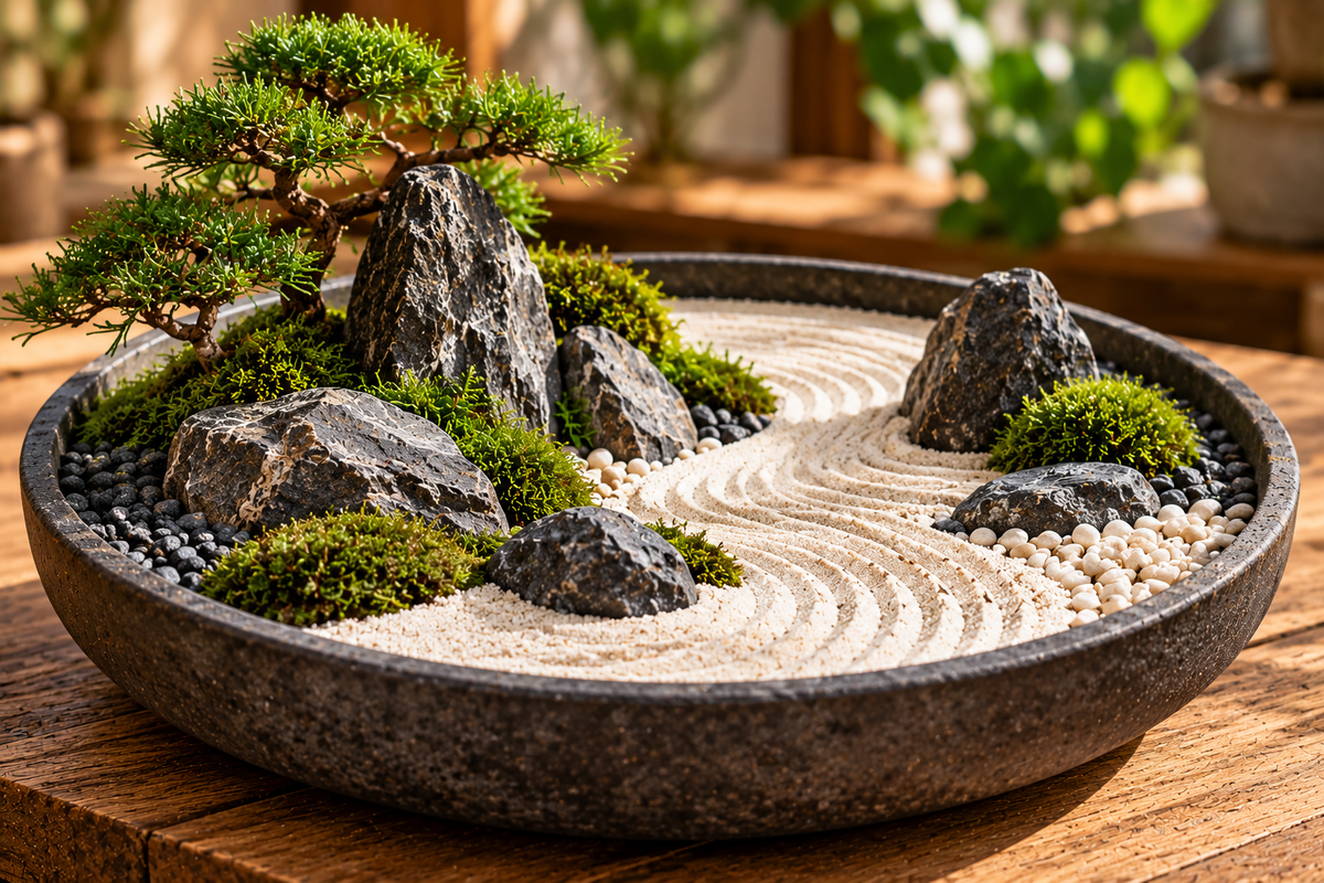 Small Zen garden with sand, gravel and a balanced stone arrangement.