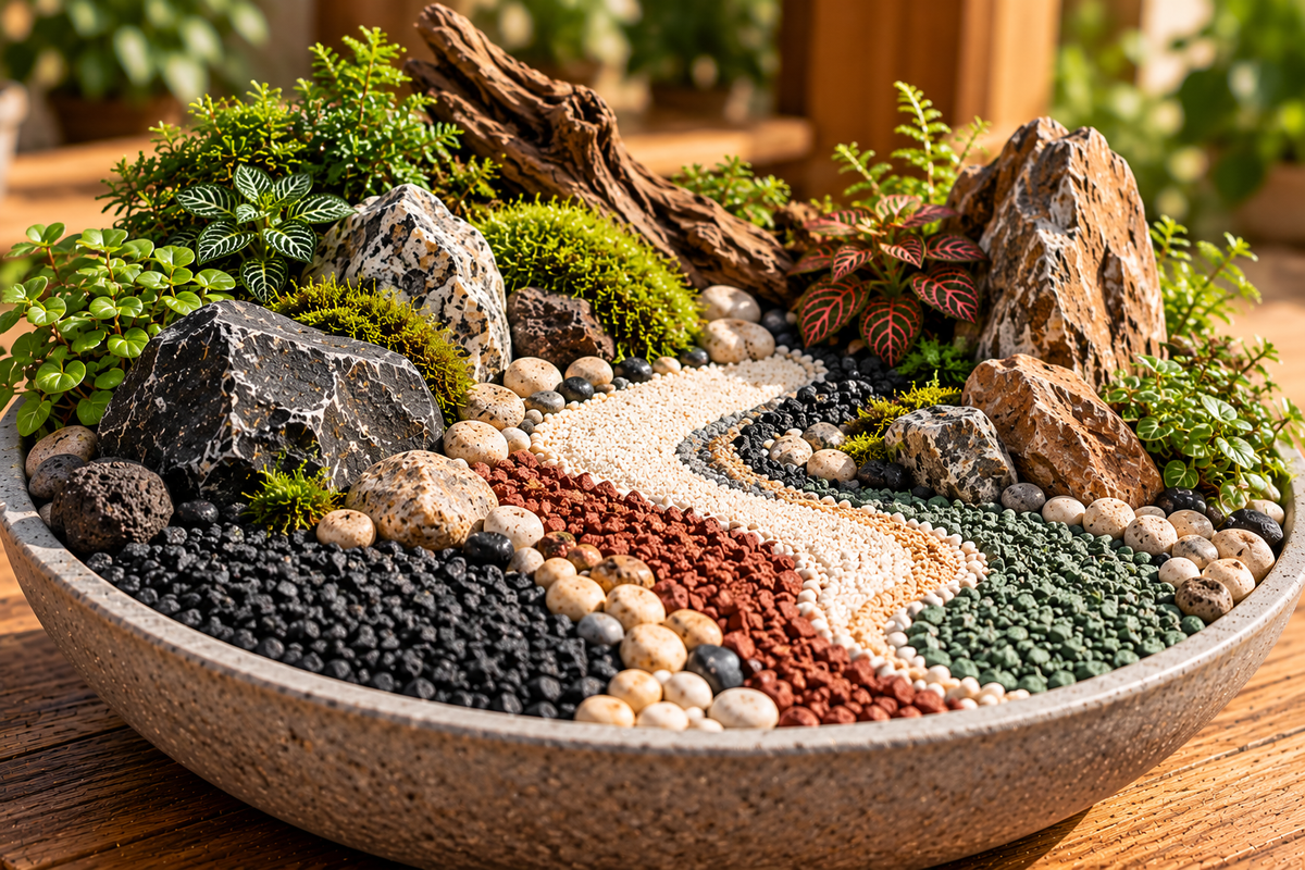 Decorative arrangement of sand, coloured gravel and natural stones.