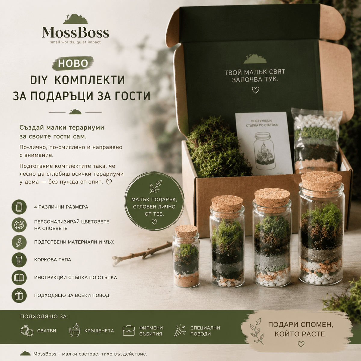MossBoss DIY moss terrarium kit shown with an open dark green gift box, several small glass jars with cork lids, layered soil, moss, and pebbles, and printed Russian promotional text on a light neutral background.