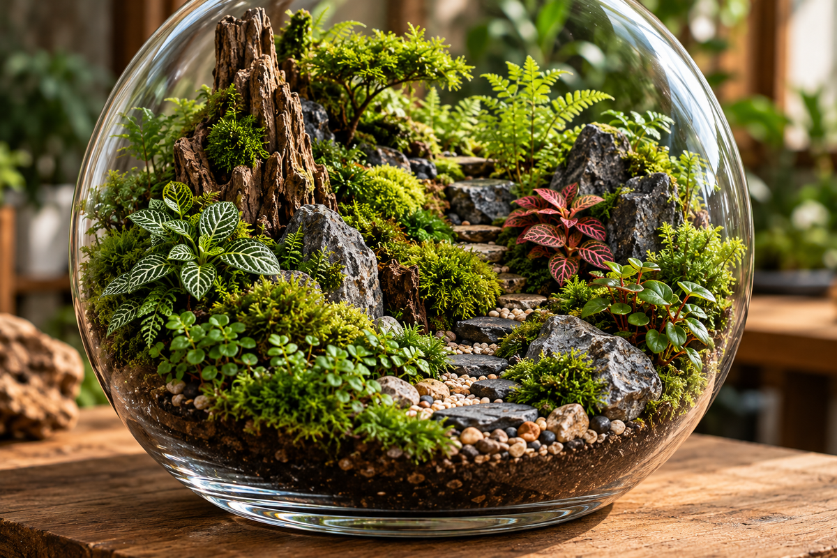 Miniature terrarium landscape with moss, plants and natural stones.