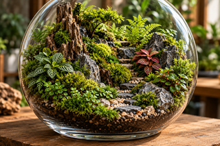 A spherical glass terrarium filled with soil, small green plants, moss, rocks, and a piece of driftwood, displayed on a wooden surface with a blurred indoor garden background.