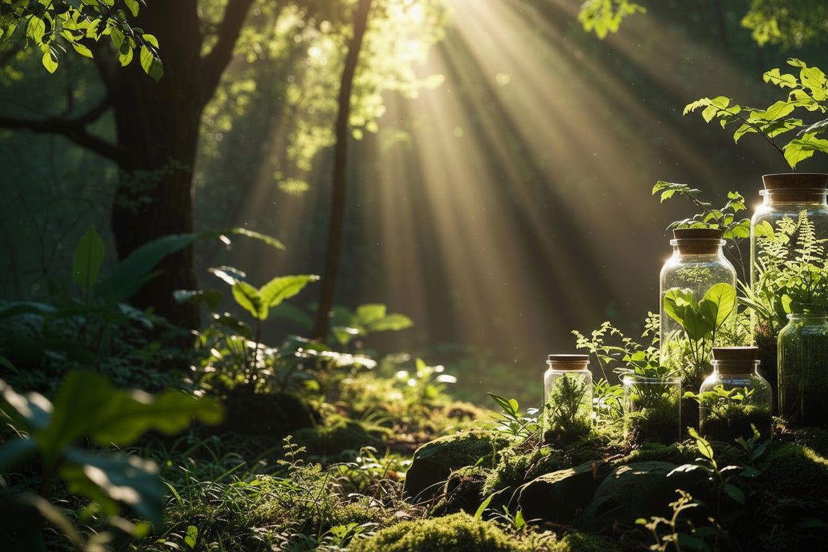 Sunlight filtering through trees with jars containing plants on a forest floor