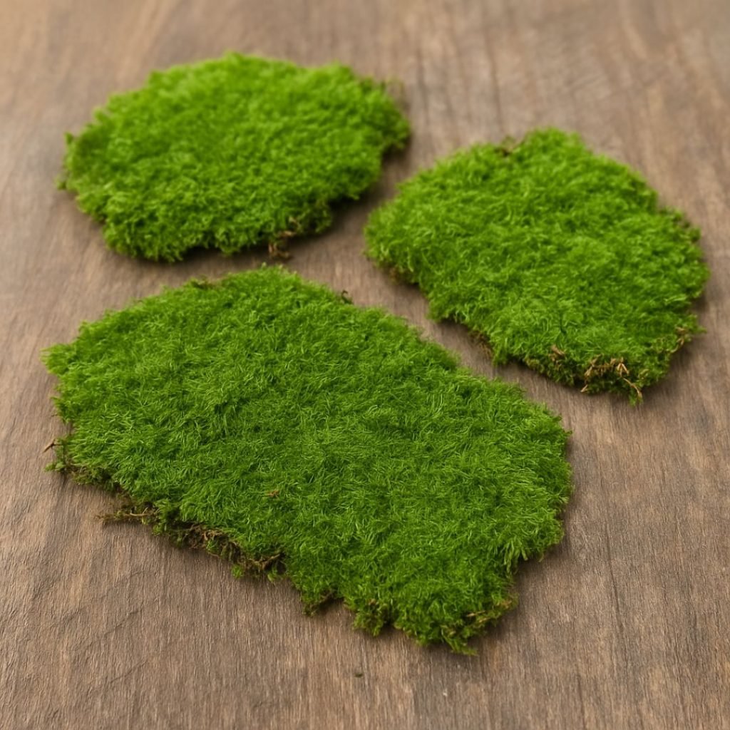 Three green moss patches on a wooden surface