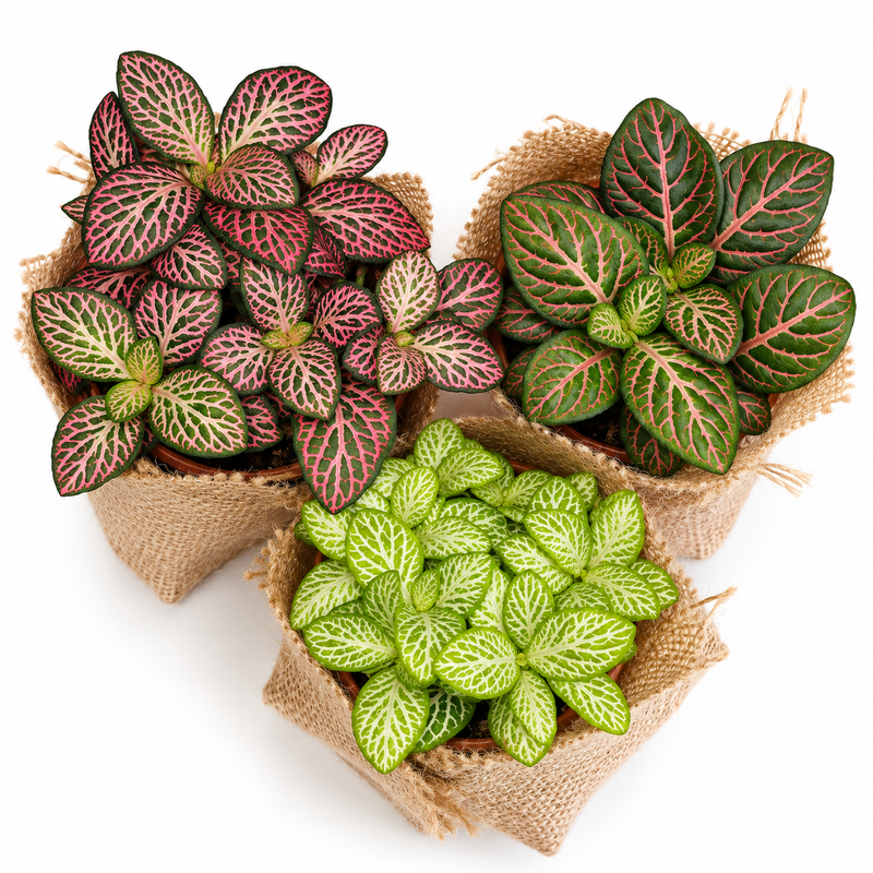 Three small potted nettle plants in burlap bags on a white background. The plants have different leaf patterns: one with pink and cream veins, one with dark green and pink veins, and one with bright green and white veins.