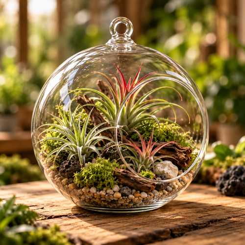 Air Plant Terrarium with Tillandsia, moss, natural stones and driftwood