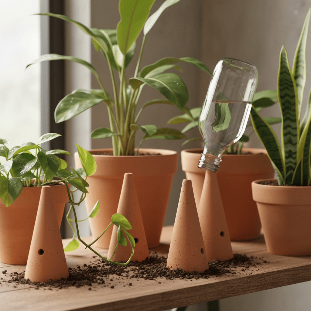 Clay watering spikes for slow, passive watering of houseplants and open containers. Natural, reusable, and easy to use.