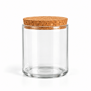 A clear glass jar with a round cork lid, shown on a clean white background.
