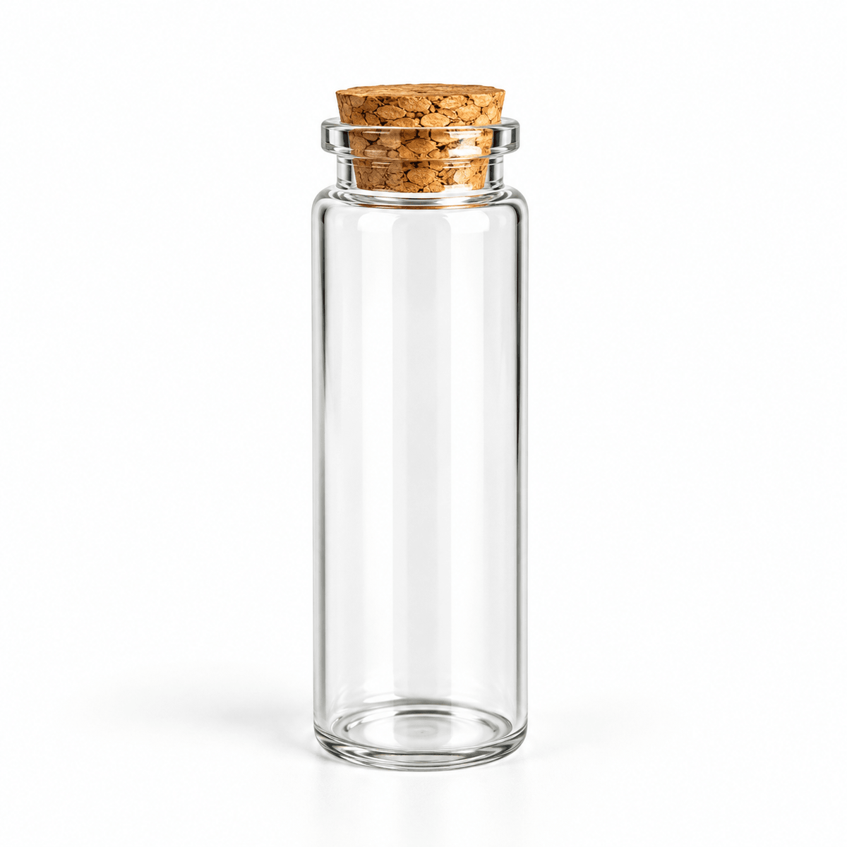 A clear glass bottle with a cork stopper, shown on a clean white background.