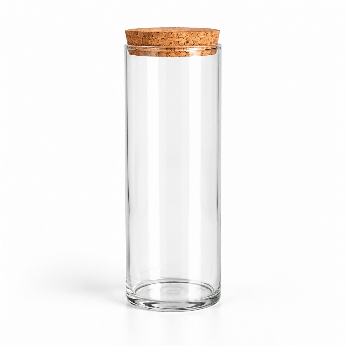 A tall, clear glass cylinder container with a natural cork stopper, shown on a clean white background.