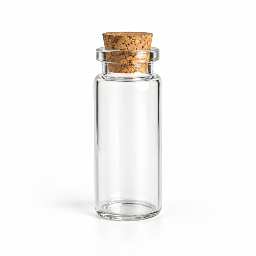 A small clear glass bottle with a round cork stopper, shown on a clean white background.