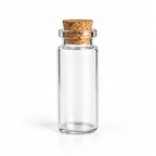 A small clear glass bottle with a round cork stopper, shown on a clean white background.