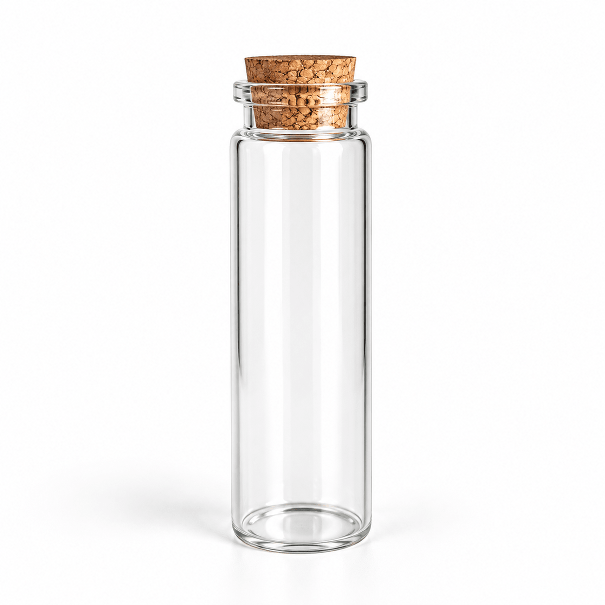 A clear glass bottle with a natural cork stopper, shown on a clean white background.