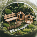 Decorative mini bench and structure kit for terrariums. Adds scale, narrative, and calm atmosphere to plant displays.
