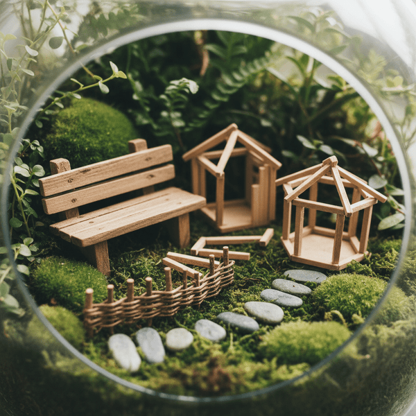 Decorative mini bench and structure kit for terrariums. Adds scale, narrative, and calm atmosphere to plant displays.