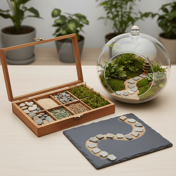 Decorative mini path kit for terrariums and plant displays. Adds scale, direction, and calm visual structure.