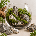 Естествени декоративни камъни за терариуми, подредени сред жив мъх, растения и естествени материали