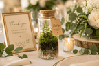 A clear glass jar terrarium with a cork stopper, filled with small green moss, dark soil, and white pebbles, sits on a table setting. A small kraft paper tag hangs from the jar, and a framed thank-you sign and floral arrangements are visible around it.