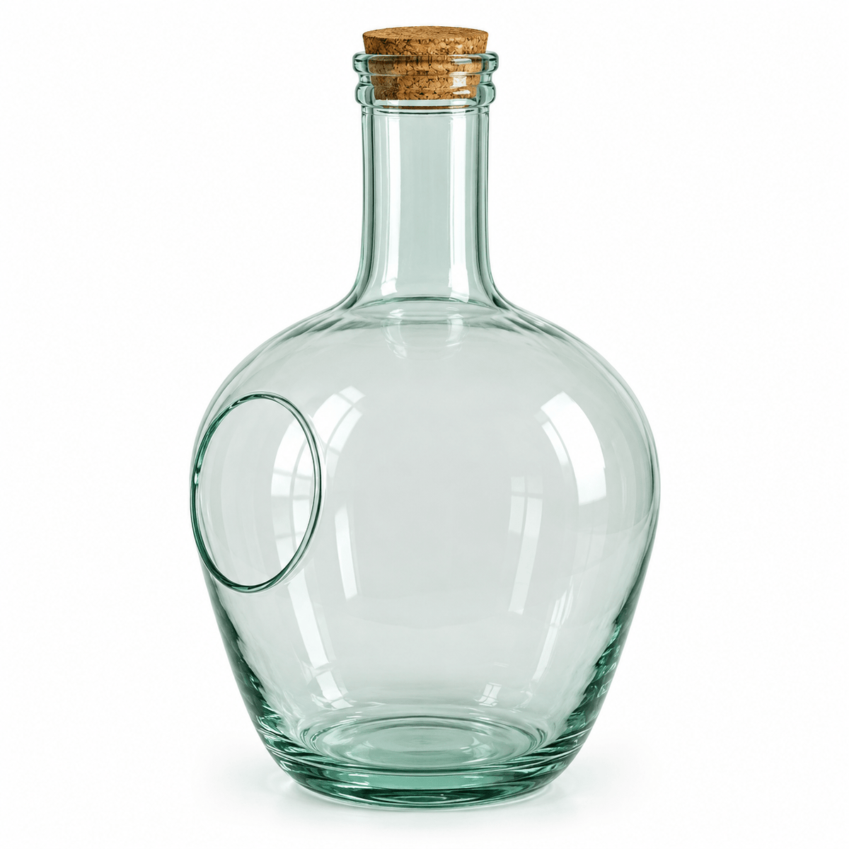Green-tinted glass terrarium vase with cork stopper and circular side opening, 30 cm high × Ø20 cm diameter