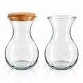 Hourglass-shaped clear glass terrarium vase shown with and without a natural cork stopper on a white background