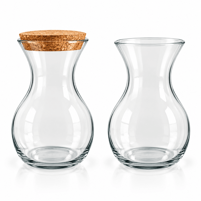 Hourglass-shaped clear glass terrarium vase shown with and without a natural cork stopper on a white background