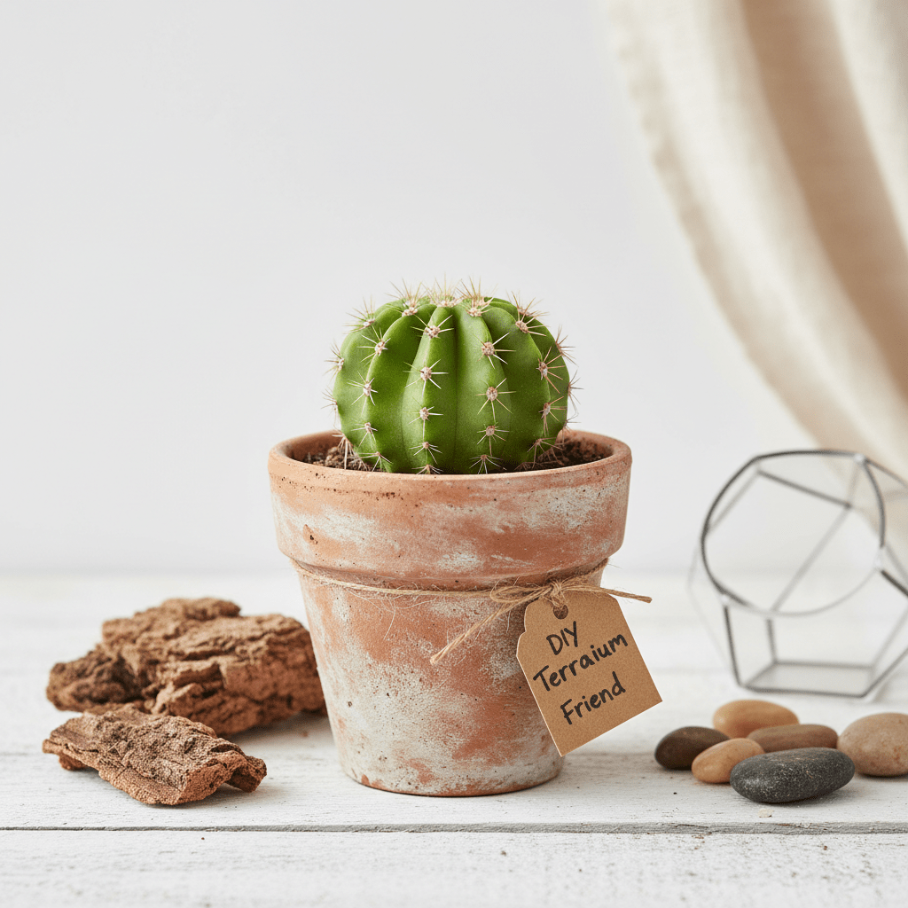 Small cactus in a terracotta pot with a 'DIY Terrarium Friend' tag on a white surface.