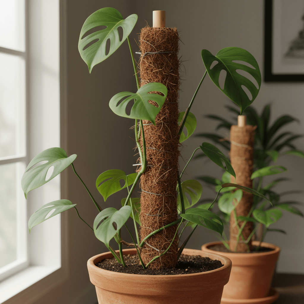 Moss pole for supporting climbing and upright houseplants. Helps guide growth naturally in pots and open containers.