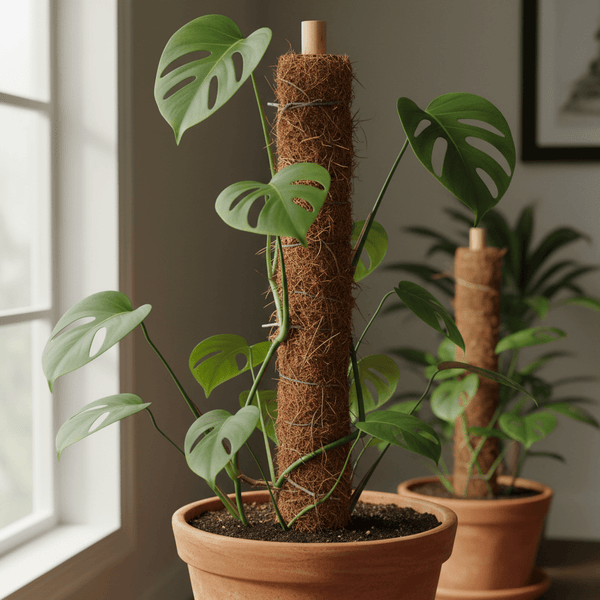 Moss pole for supporting climbing and upright houseplants. Helps guide growth naturally in pots and open containers.