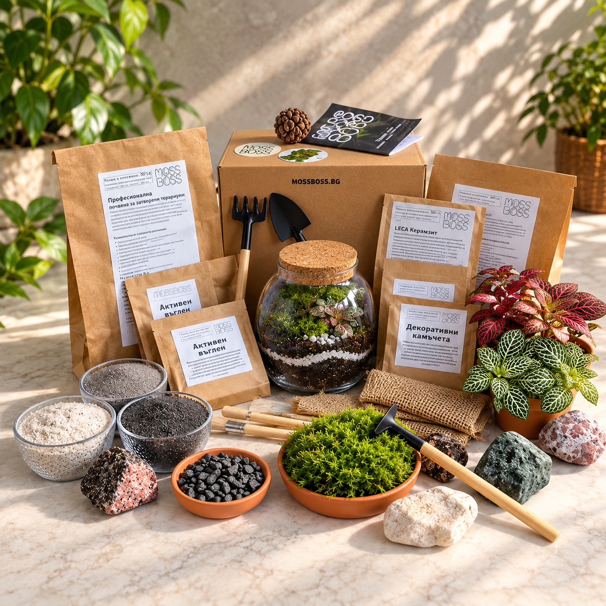 MossBoss DIY closed terrarium kit with glass terrarium, live moss, Fittonia plants, LECA, activated charcoal and terrarium materials