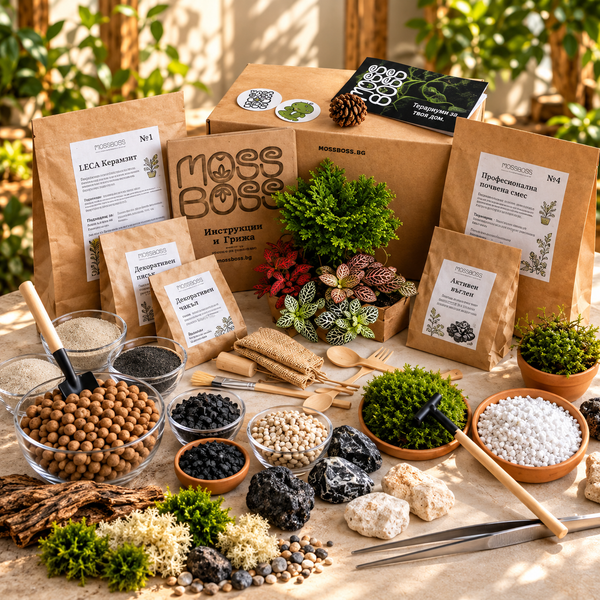 MossBoss DIY closed terrarium kit without glass with substrates, moss, plants and terrarium materials