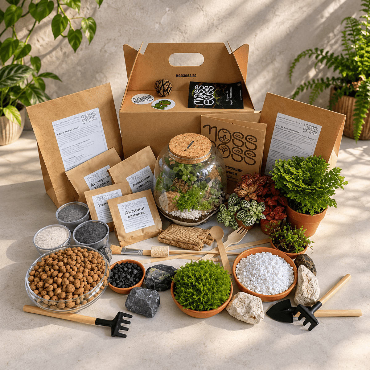 MossBoss DIY closed terrarium kit with glass terrarium, live moss, plants, LECA, substrates and terrarium materials