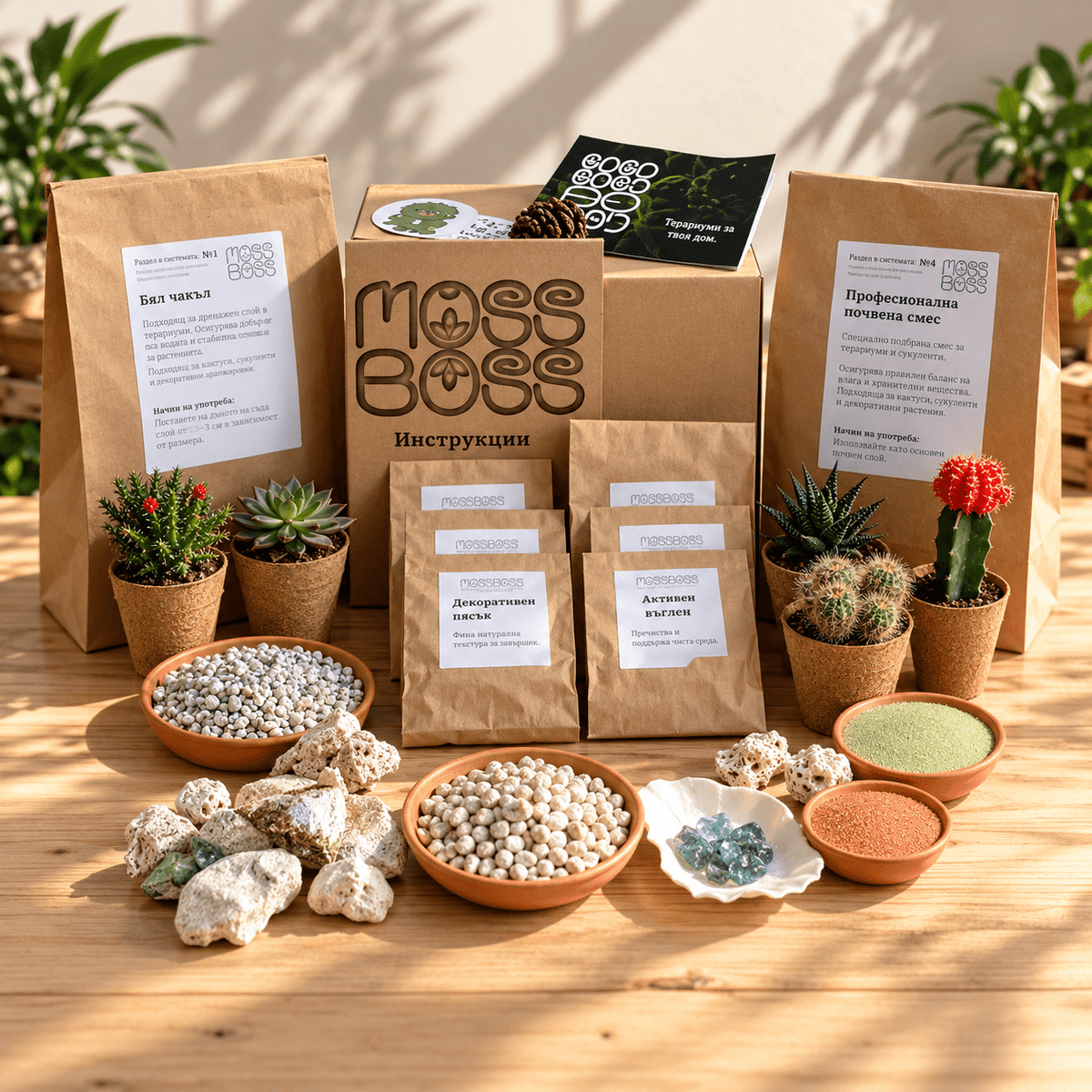 MossBoss DIY open terrarium kit without glass with cacti, succulents, white gravel, stones and terrarium materials