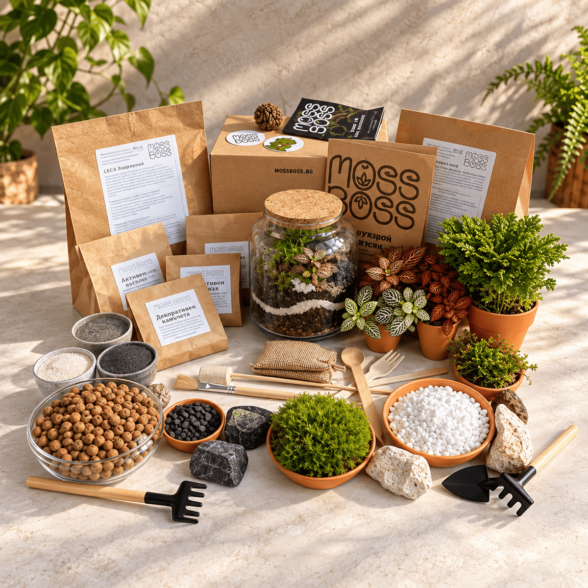 MossBoss DIY terrarium kit with glass terrarium, live moss, plants, LECA, substrates and natural decorations