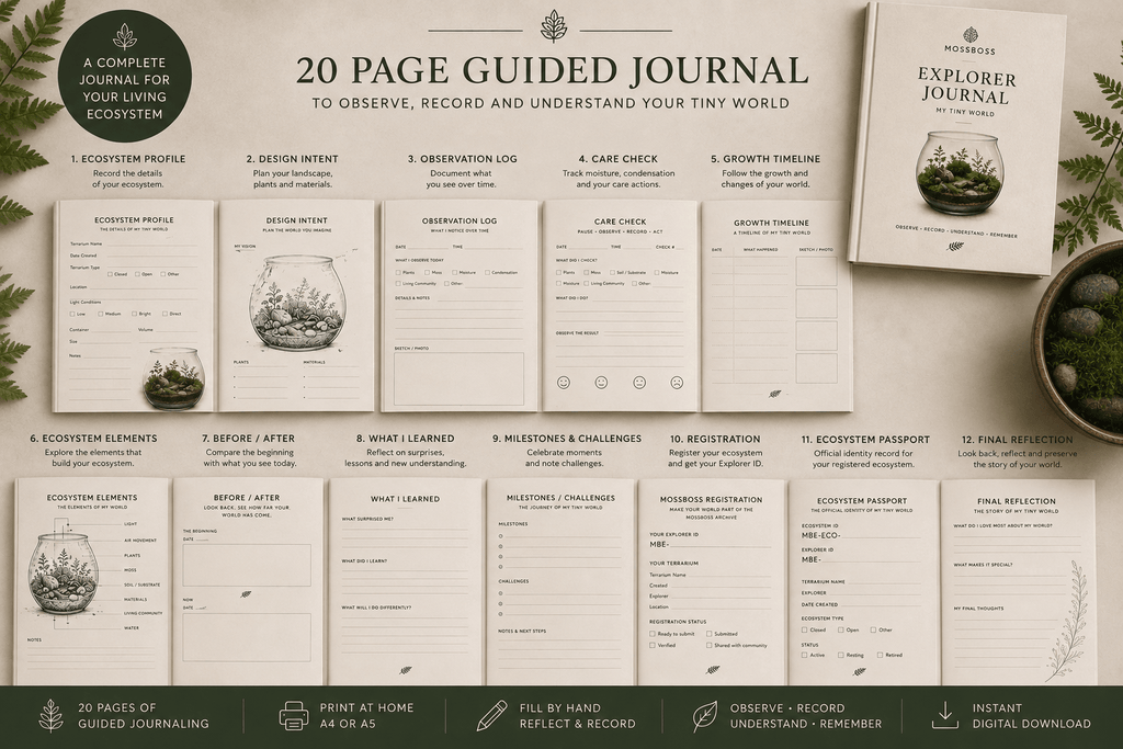 20-page MossBoss Explorer Journal with printable terrarium observation, care and growth pages
