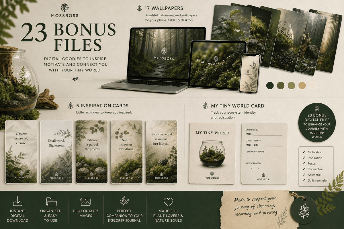MossBoss Explorer Journal with 23 digital bonus files including wallpapers, inspiration cards and My Tiny World Card