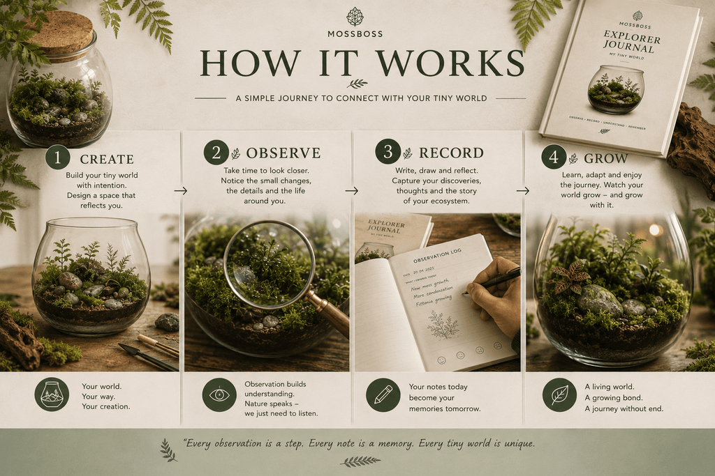 How the MossBoss Explorer Journal works – create, observe, record and grow with your terrarium